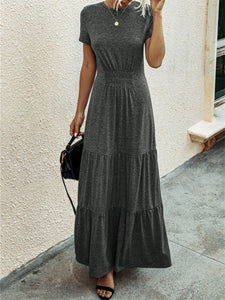 Pure Color Round Neck Pleated Slimming Long Casual Dress