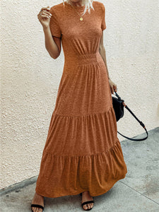 Pure Color Round Neck Pleated Slimming Long Casual Dress