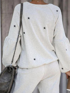 Star Print Long Sleeve Round Neck Sports Two-Piece Suit