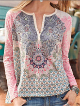 Load image into Gallery viewer, Long Sleeve Round Neck Button Collar Printed Casual Top T-shirt