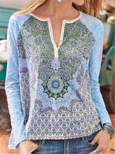 Load image into Gallery viewer, Long Sleeve Round Neck Button Collar Printed Casual Top T-shirt