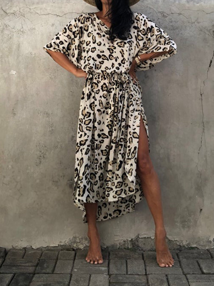 Women Beach Leopard Print Dress Cover-Up with Belt