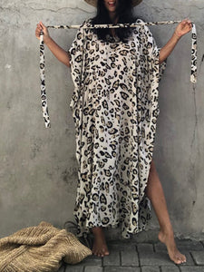 Women Beach Leopard Print Dress Cover-Up with Belt