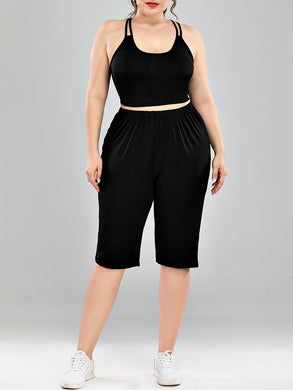 Plus Size Solid Color Sexy Waist Sports Yoga Suit