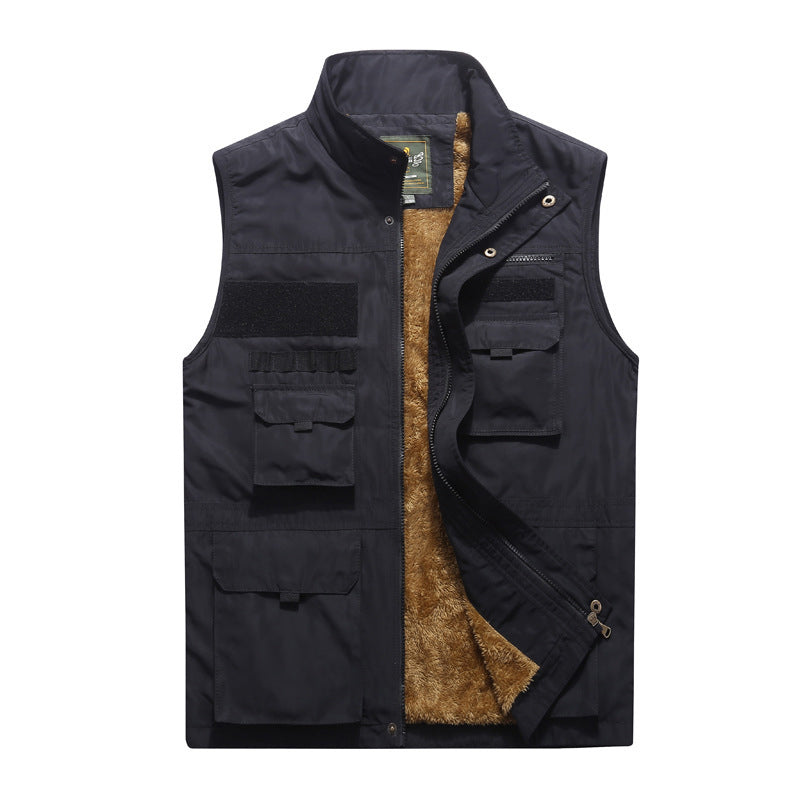 Men'S Loose Autumn And Winter Plus Velvet Thickened Multi-Pocket Vest