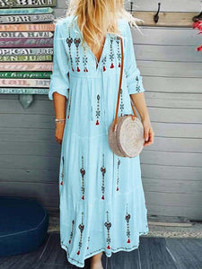 Women Bohemian Long Sleeve V-Neck Drawstring Lace-Up Maxi Dress