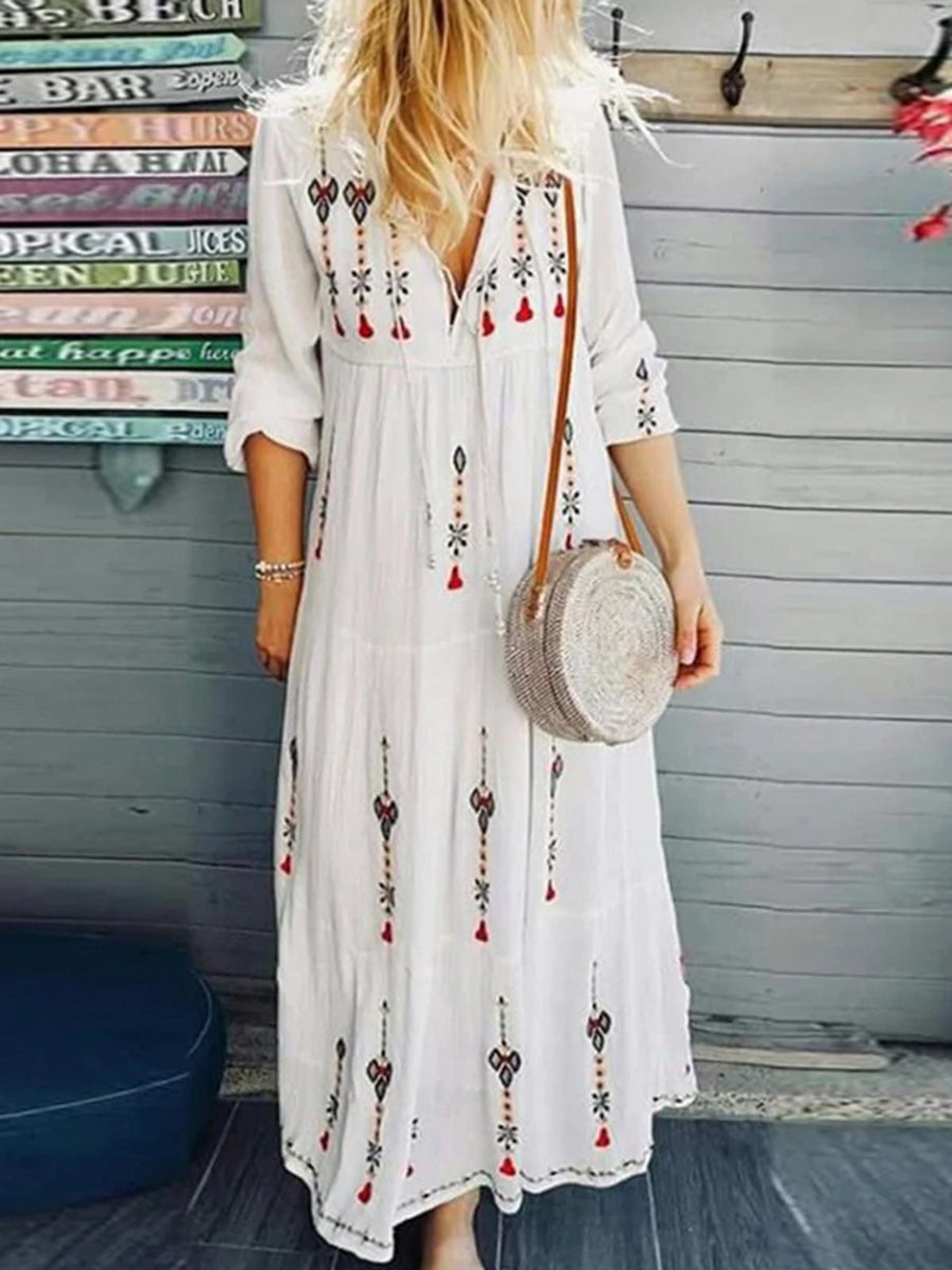 Women Bohemian Long Sleeve V-Neck Drawstring Lace-Up Maxi Dress