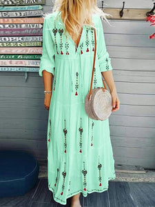 Women Bohemian Long Sleeve V-Neck Drawstring Lace-Up Maxi Dress