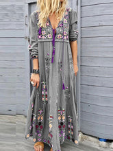 Load image into Gallery viewer, Women Bohemian Long Sleeve V-Neck Print Drawstring Lace-Up Maxi Dress