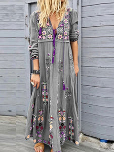 Women Bohemian Long Sleeve V-Neck Print Drawstring Lace-Up Maxi Dress