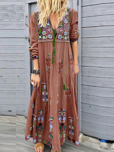 Women Bohemian Long Sleeve V-Neck Print Drawstring Lace-Up Maxi Dress