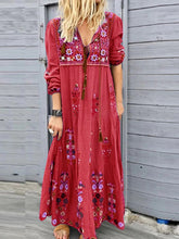 Load image into Gallery viewer, Women Bohemian Long Sleeve V-Neck Print Drawstring Lace-Up Maxi Dress