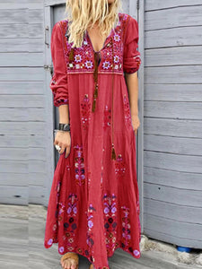 Women Bohemian Long Sleeve V-Neck Print Drawstring Lace-Up Maxi Dress