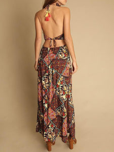 Women Bohemian Halter Backless Print Beach Maxi Dress