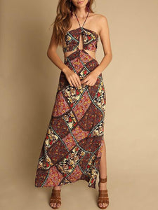 Women Bohemian Halter Backless Print Beach Maxi Dress