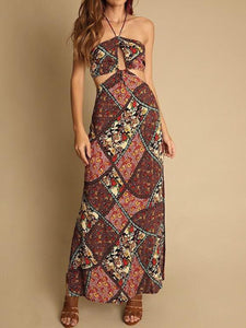 Women Bohemian Halter Backless Print Beach Maxi Dress