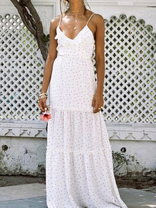 Women Vacation Polka Dot Ruffle Sling Maxi Dress