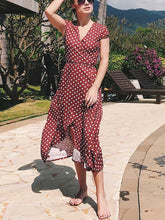 Load image into Gallery viewer, Women Short Sleeve V-Neck Polka Dot Split-Side Maxi Dress