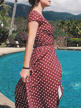 Load image into Gallery viewer, Women Short Sleeve V-Neck Polka Dot Split-Side Maxi Dress