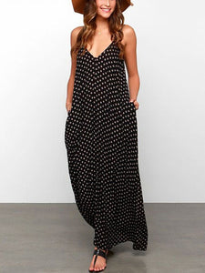 Women Beach Polka Dot V-Neck Pockets Sling Maxi Dress