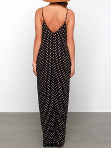 Women Beach Polka Dot V-Neck Pockets Sling Maxi Dress