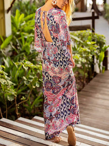 Women Bohemian Polychrome V-Neck Backless Split-Side Print Maxi Dress