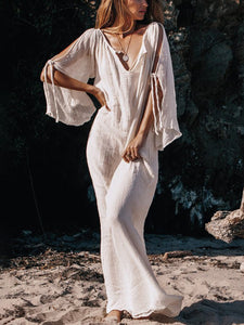 Women Bohemian Plain V-Neck Beach Maxi Dress