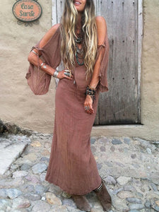 Women Bohemian Plain V-Neck Beach Maxi Dress