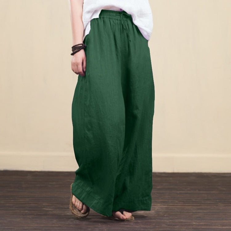 Solid Color Women'S Cotton And Linen Wide-Leg Pants