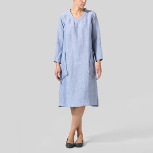 Loose V-Neck Women'S Cotton And Linen Dress