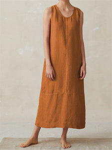 Sleeveless Round Neck Women'S Cotton And Linen Dress