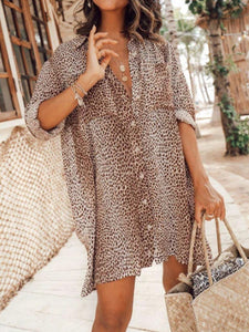 Women Vacation Long Sleeve Leopard Print Casual Mini Dress