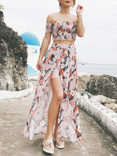 Load image into Gallery viewer, Women Floral Strapless Short Sleeve Split-Side Skirt Two-Piece Set