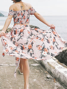 Women Floral Strapless Short Sleeve Split-Side Skirt Two-Piece Set