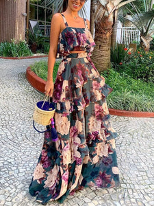 Women Floral Sling Crop Top Layered Skirt Two-Piece Set