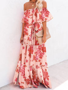 Women Elegant Floral Strapless Printing Maxi Dress