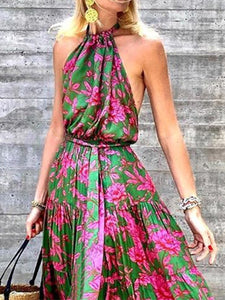 Women Elegant Floral Halter Backless Maxi Dress