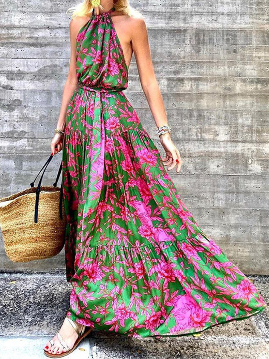 Women Elegant Floral Halter Backless Maxi Dress