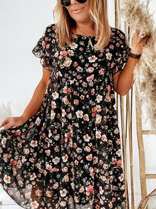 Women Floral Round Neck Chiffon Mini Dress