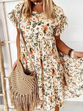 Women Floral Round Neck Chiffon Mini Dress