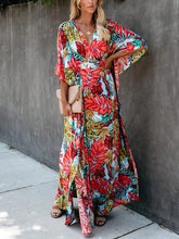 Load image into Gallery viewer, Women Floral V-Neck 1/2 Sleeve Split-Side Maxi Dress