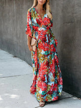 Load image into Gallery viewer, Women Floral V-Neck 1/2 Sleeve Split-Side Maxi Dress