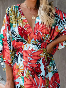 Women Floral V-Neck 1/2 Sleeve Split-Side Maxi Dress