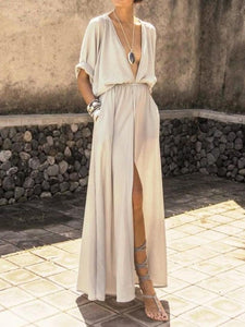 Women Sexy V-Neck Split-Side Holiday Plain Maxi Dress