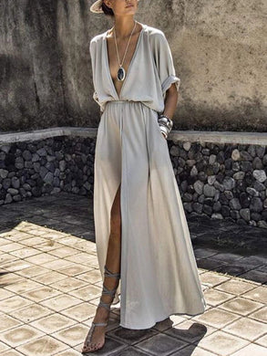 Women Sexy V-Neck Split-Side Holiday Plain Maxi Dress