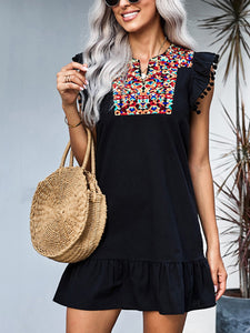 Women Bohemian V-Neck Print Ruffle Mini Dress