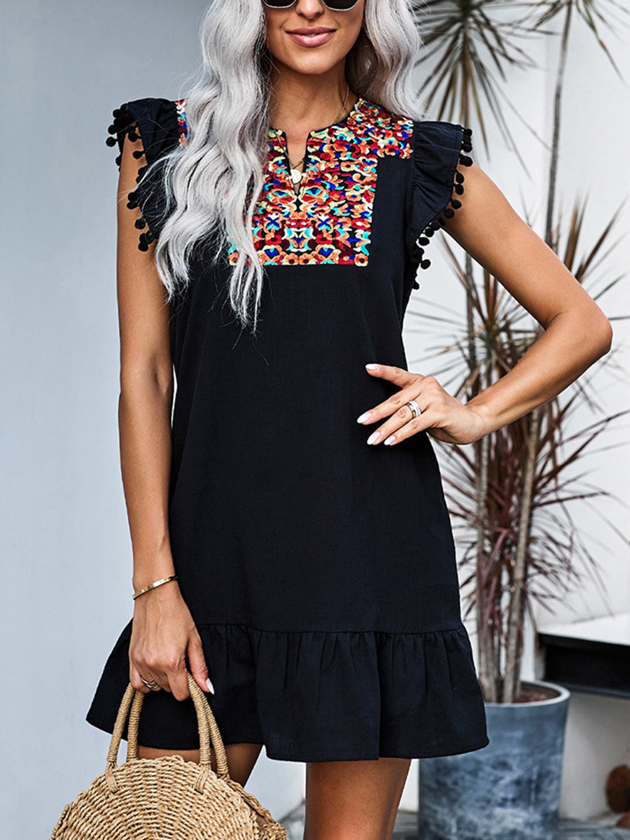 Women Bohemian V-Neck Print Ruffle Mini Dress