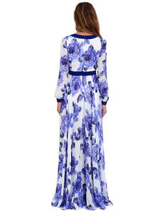 Women Bohemian Floral Print Plunging Neckline Maxi Dress