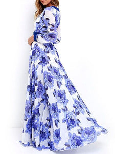 Women Bohemian Floral Print Plunging Neckline Maxi Dress