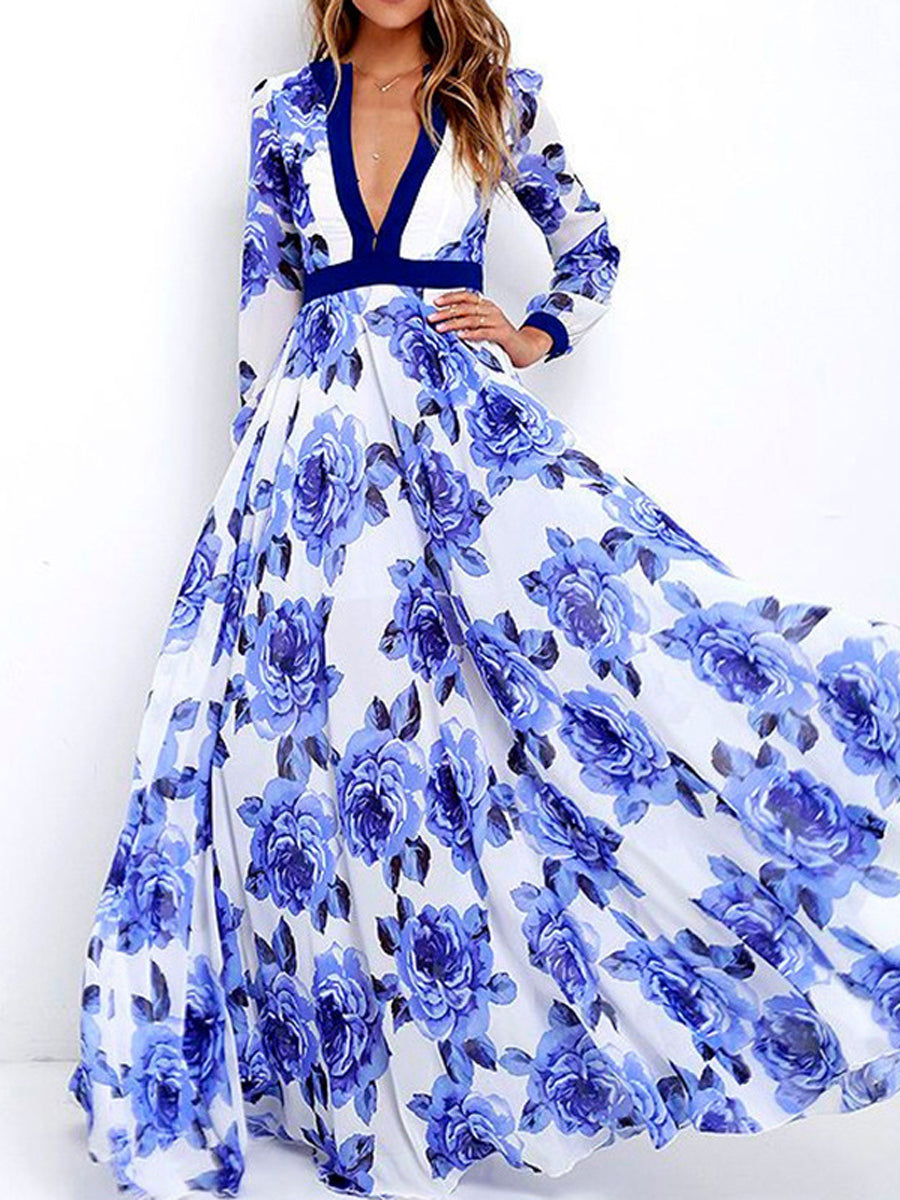 Women Bohemian Floral Print Plunging Neckline Maxi Dress